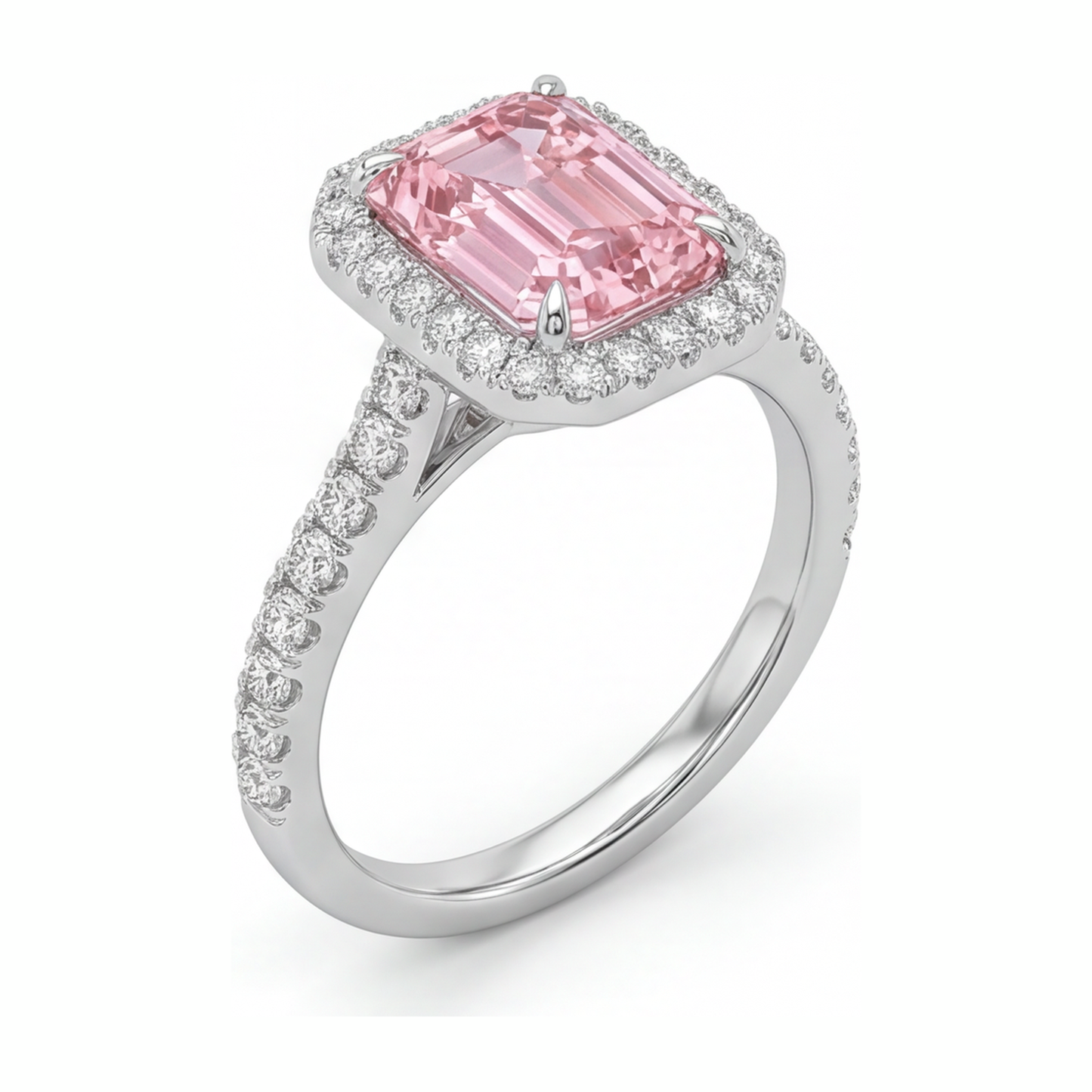Pink Diamond Ring 2.5 Carat Lab Grown Emerald Halo 14K White Gold