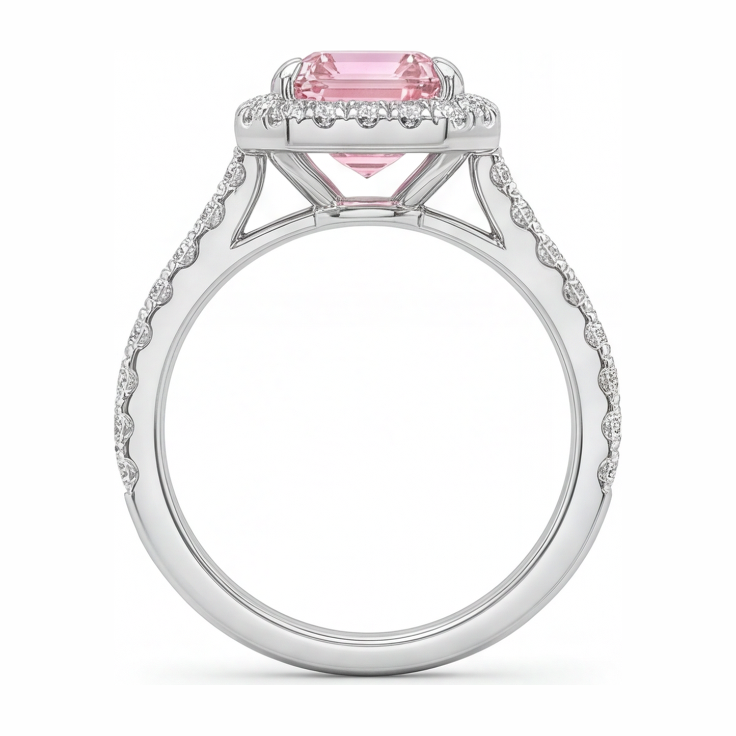 Pink Diamond Ring 2.5 Carat Lab Grown Emerald Halo 14K White Gold