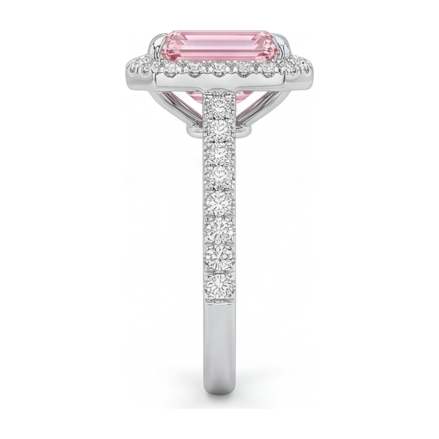 Pink Diamond Ring 2.5 Carat Lab Grown Emerald Halo 14K White Gold