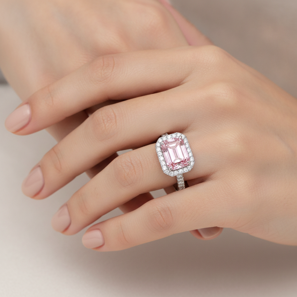 Pink Diamond Ring 2.5 Carat Lab Grown Emerald Halo 14K White Gold