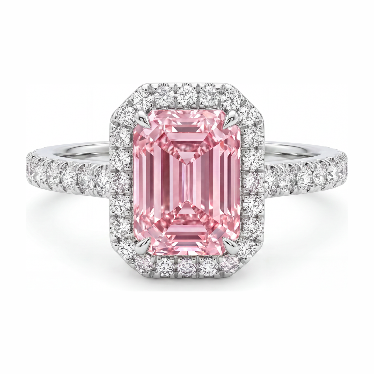 Pink Diamond Ring 2.5 Carat Lab Grown Emerald Halo 14K White Gold