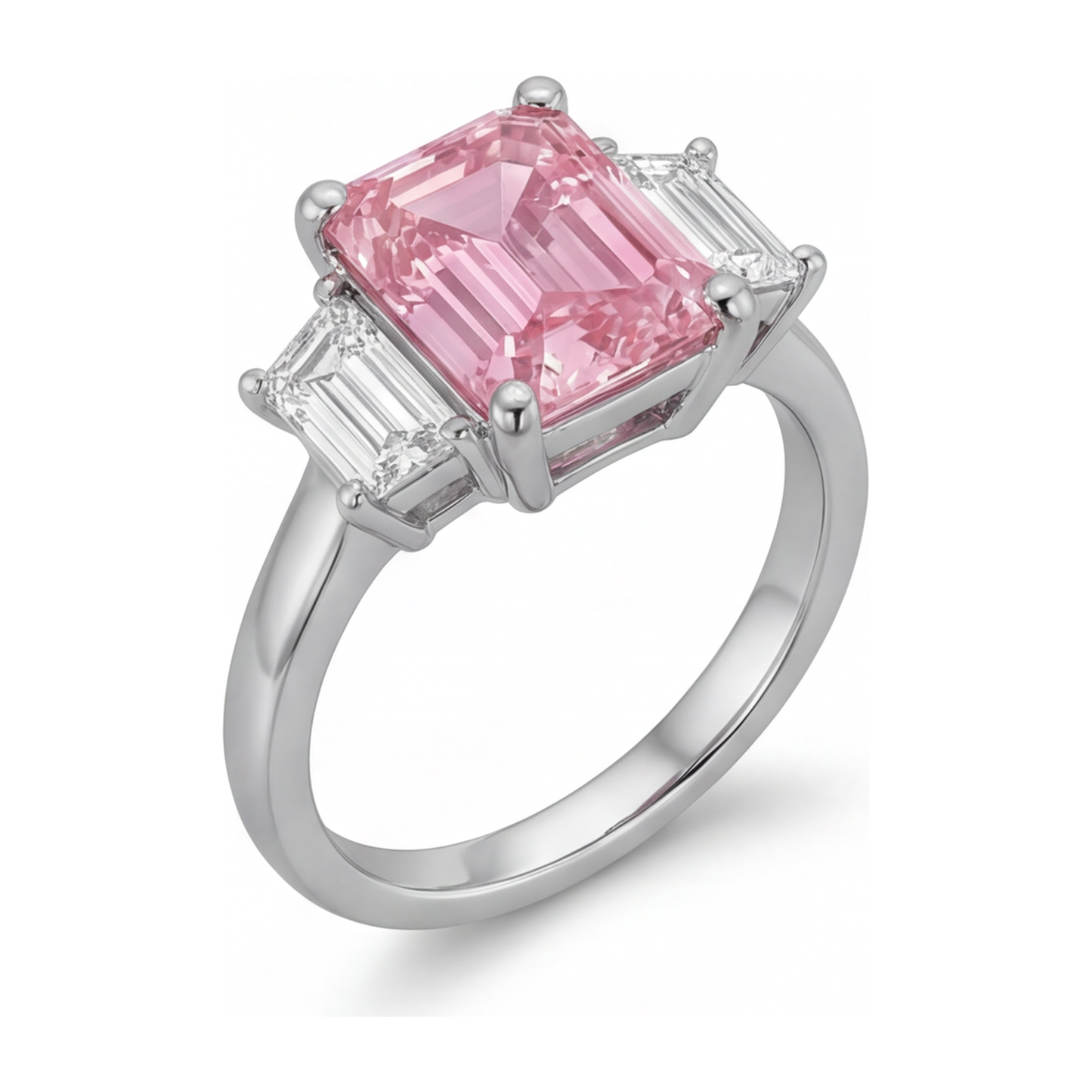 Lab Grown Pink Diamond 2.5 Carat Emerald Three Stone Plain Ring 14K White Gold