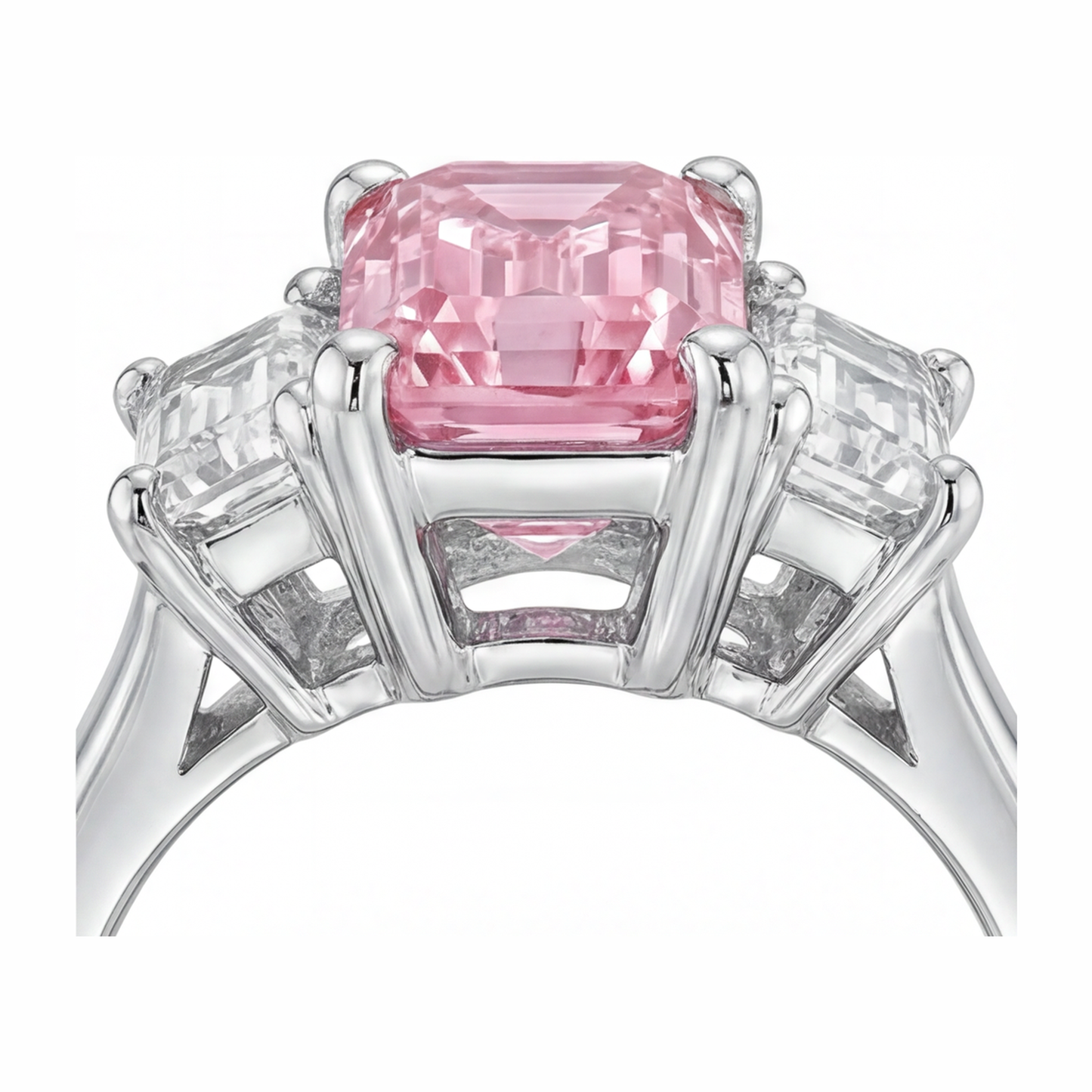 Pink Diamond Engagement Ring 2.5 Carat Lab Grown Emerald Three Stone Cathedral 14K White Gold