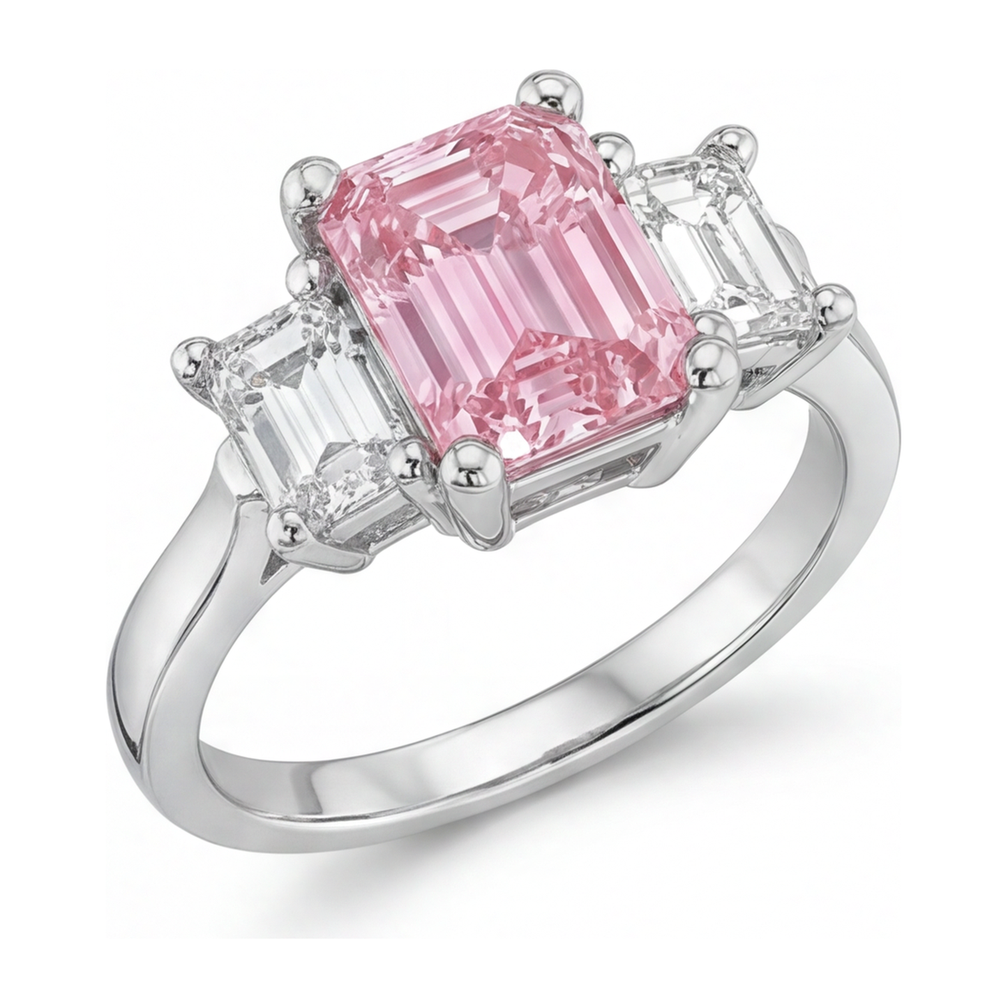 Pink Diamond Engagement Ring 2.5 Carat Lab Grown Emerald Three Stone Cathedral 14K White Gold