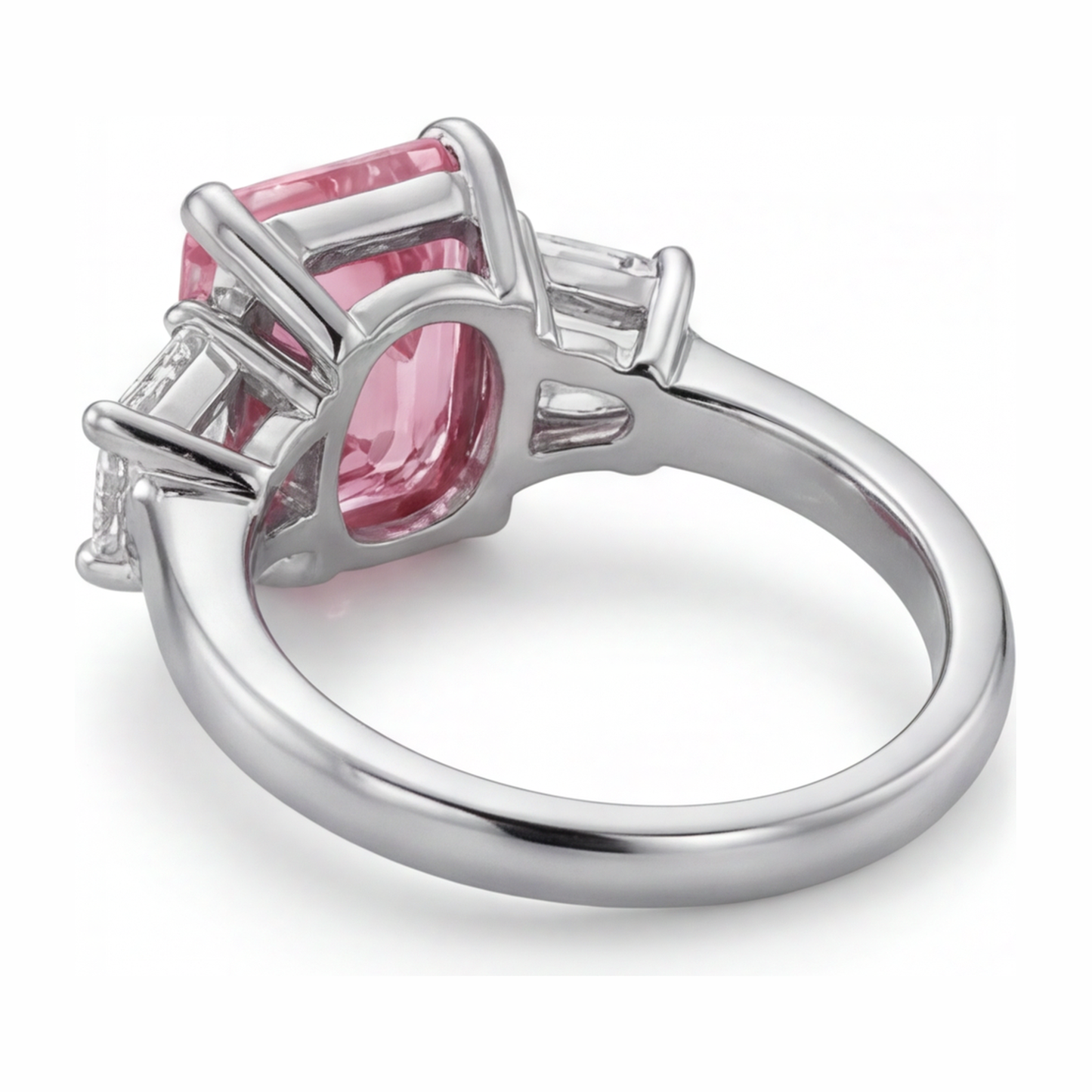 Lab Grown Pink Diamond 2.5 Carat Emerald Three Stone Plain Ring 14K White Gold