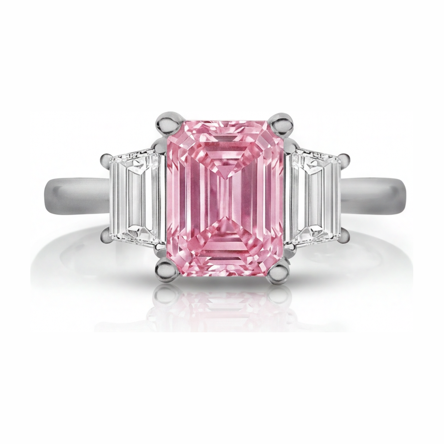 Lab Grown Pink Diamond 2.5 Carat Emerald Three Stone Plain Ring 14K White Gold
