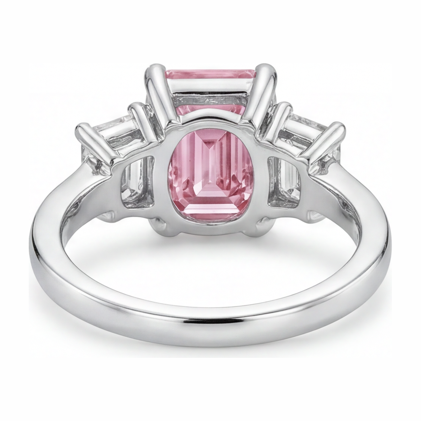 Pink Diamond Engagement Ring 2.5 Carat Lab Grown Emerald Three Stone Cathedral 14K White Gold