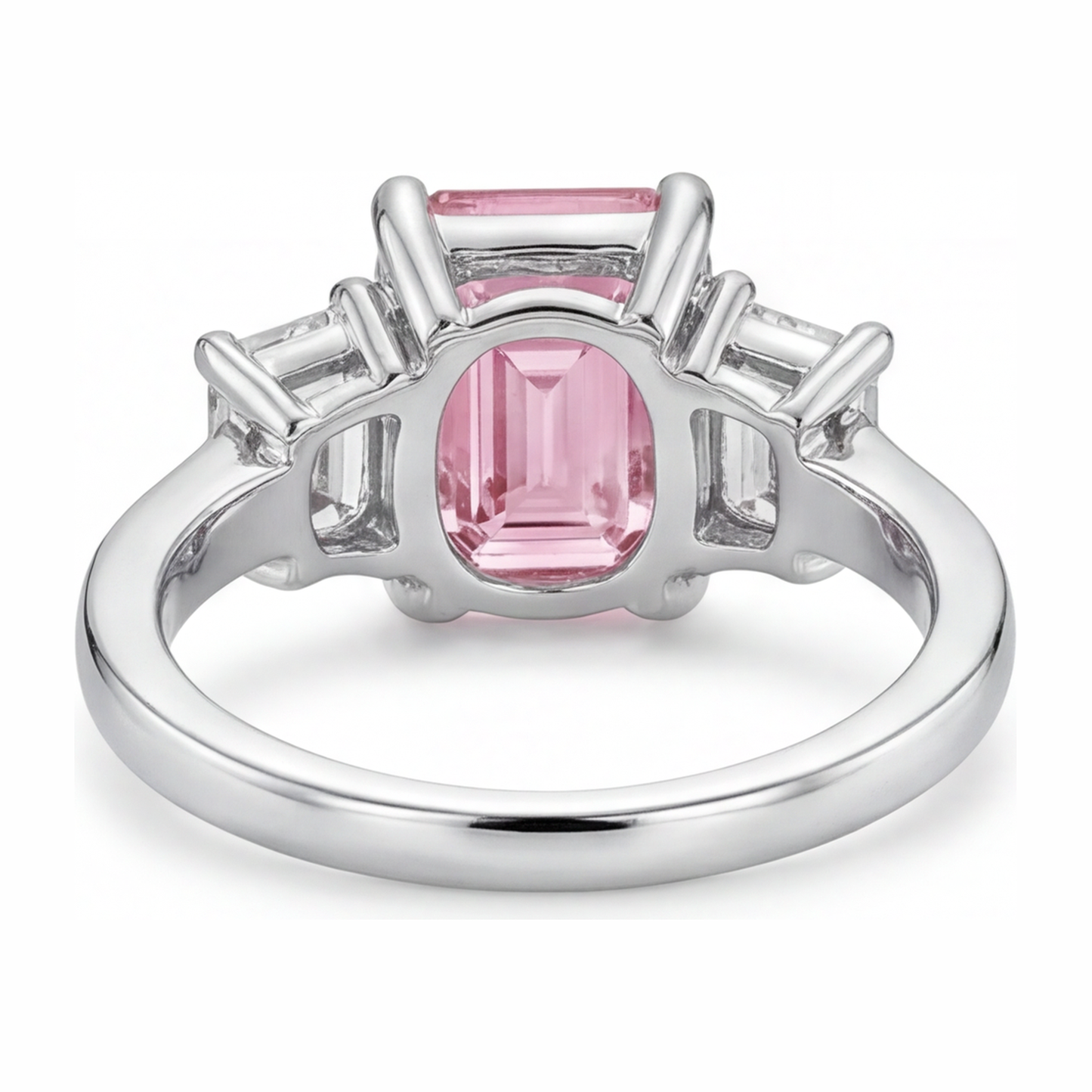 Pink Diamond Engagement Ring 2.5 Carat Lab Grown Emerald Three Stone Cathedral 14K White Gold