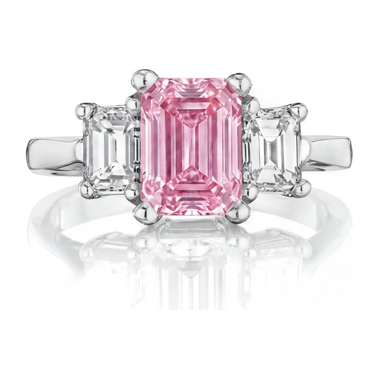 Pink Diamond Engagement Ring 2.5 Carat Lab Grown Emerald Three Stone Cathedral 14K White Gold