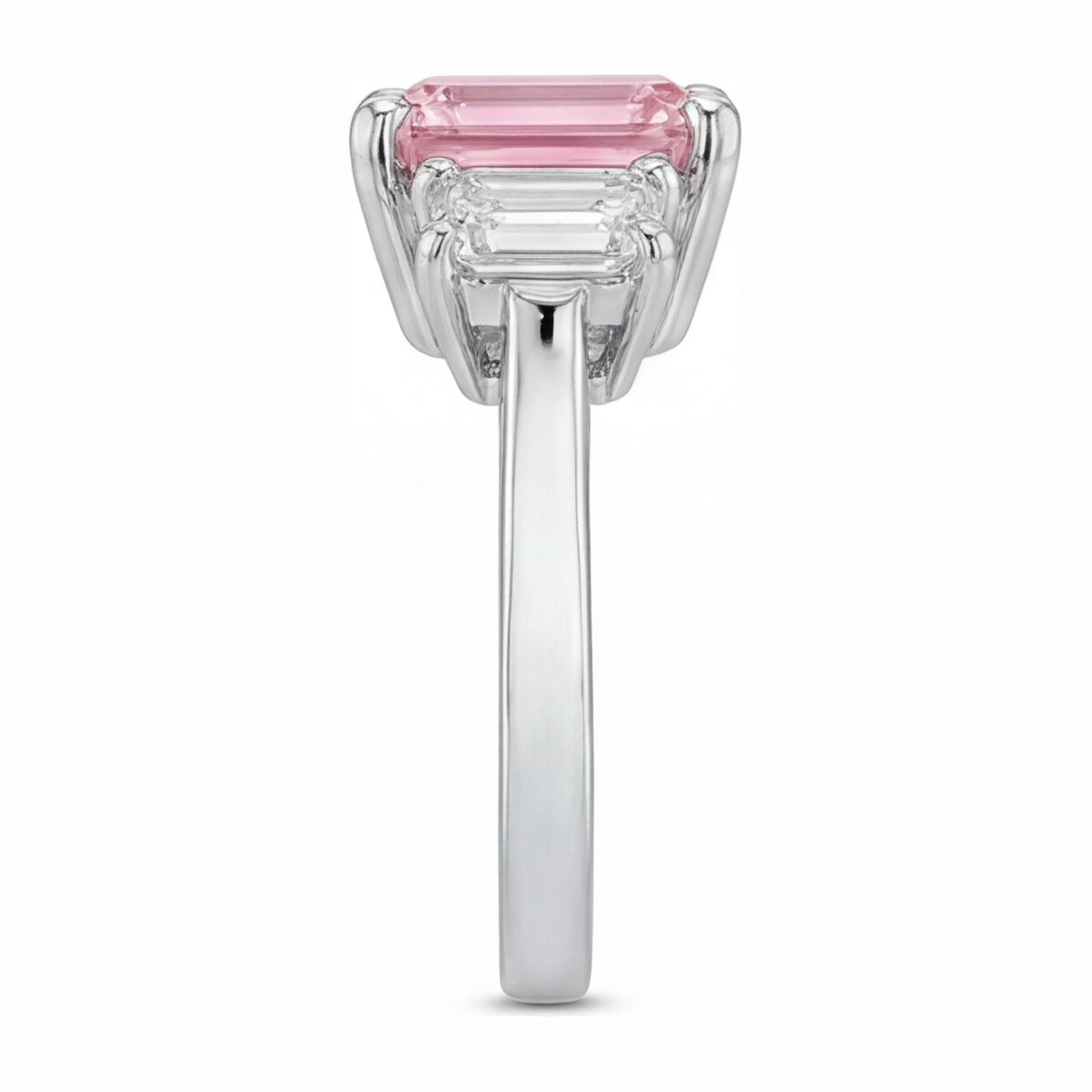 Pink Diamond Engagement Ring 2.5 Carat Lab Grown Emerald Three Stone Cathedral 14K White Gold
