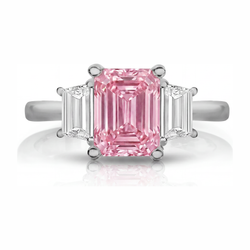 Lab Grown Pink Diamond 2.5 Carat Emerald Three Stone Plain Ring 14K White Gold