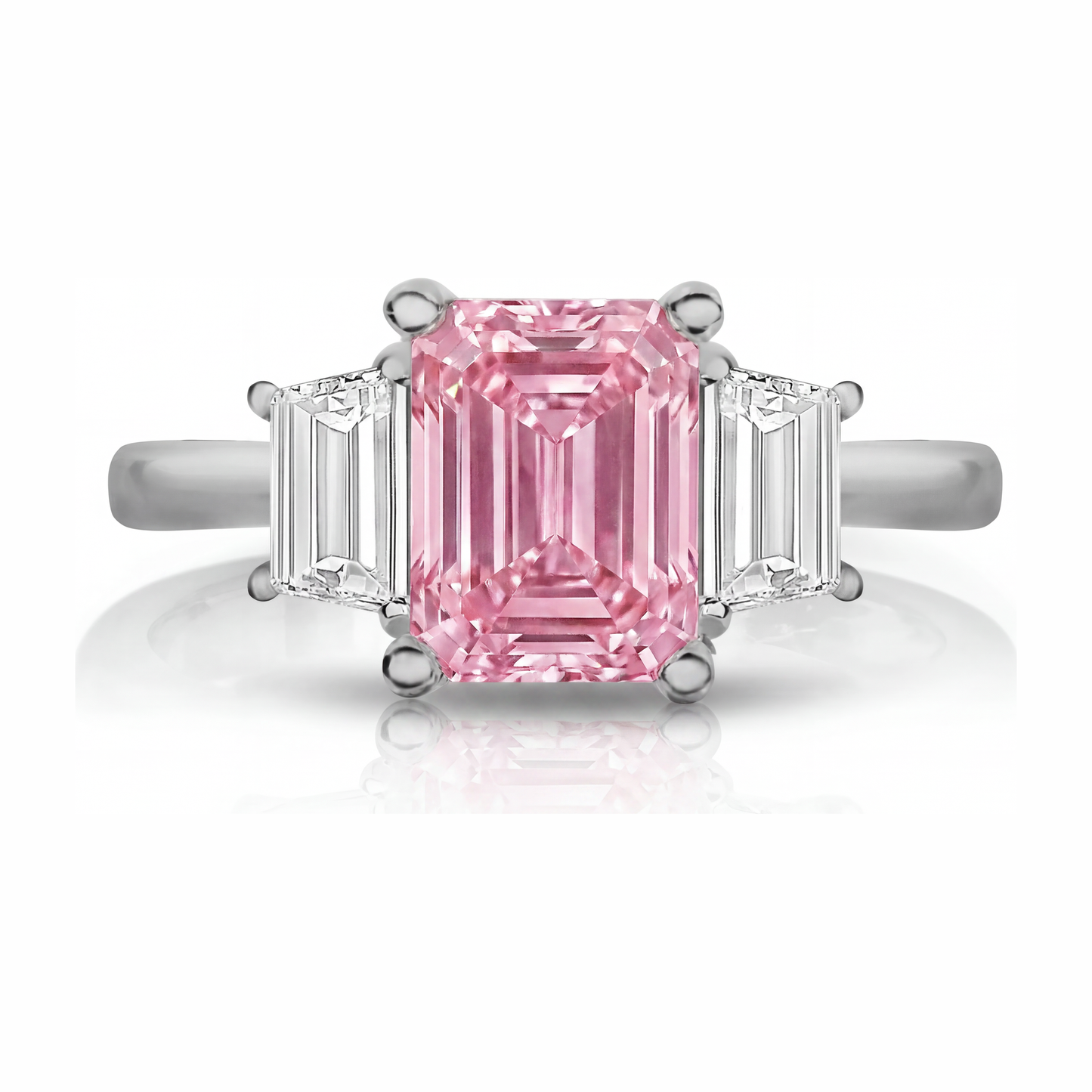 Lab Grown Pink Diamond 2.5 Carat Emerald Three Stone Plain Ring 14K White Gold