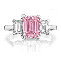 Pink Diamond Engagement Ring 2.5 Carat Lab Grown Emerald Three Stone Cathedral 14K White Gold