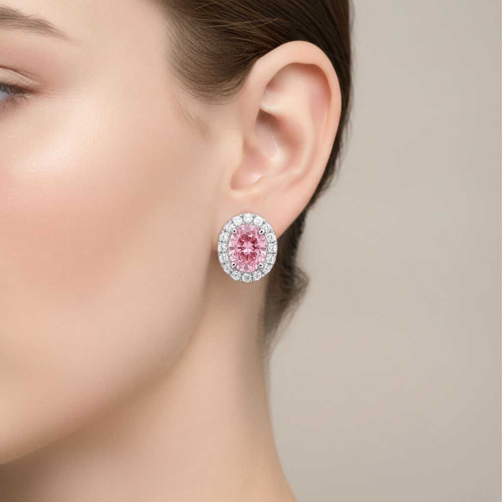 Pink Diamond Drop Earrings 2.5 Carat Lab Grown Oval Halo 14K White Gold