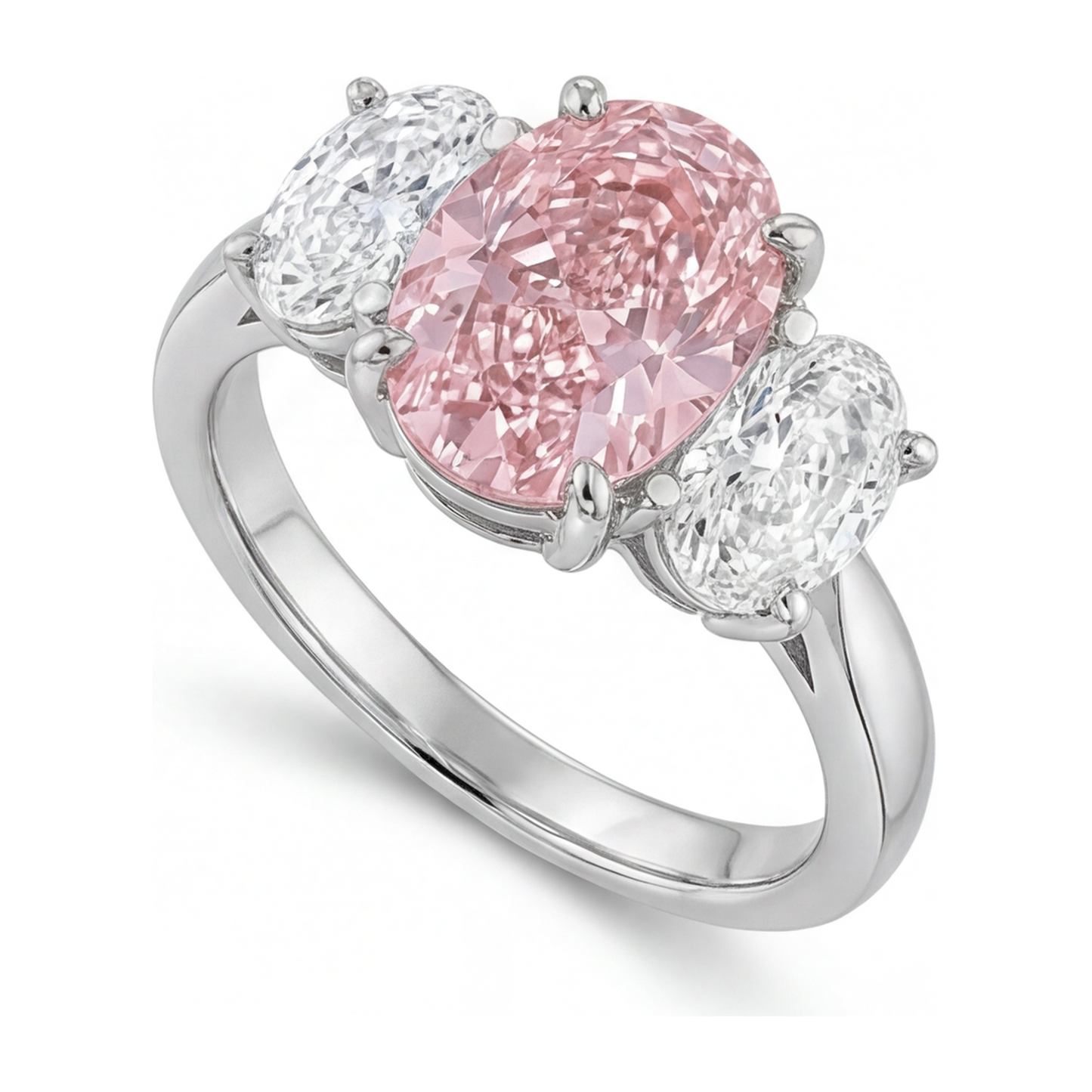 Pink Engagement Ring 2.5 Carat Lab Grown Oval Diamond Three Stone 14K White Gold