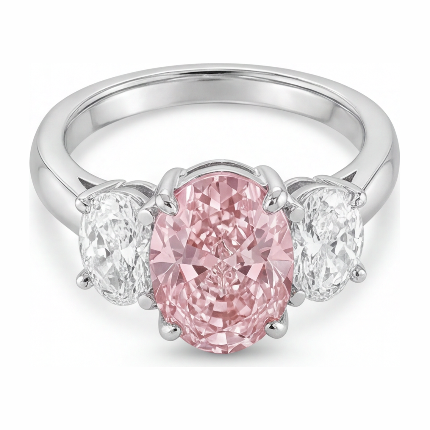 Pink Engagement Ring 2.5 Carat Lab Grown Oval Diamond Three Stone 14K White Gold