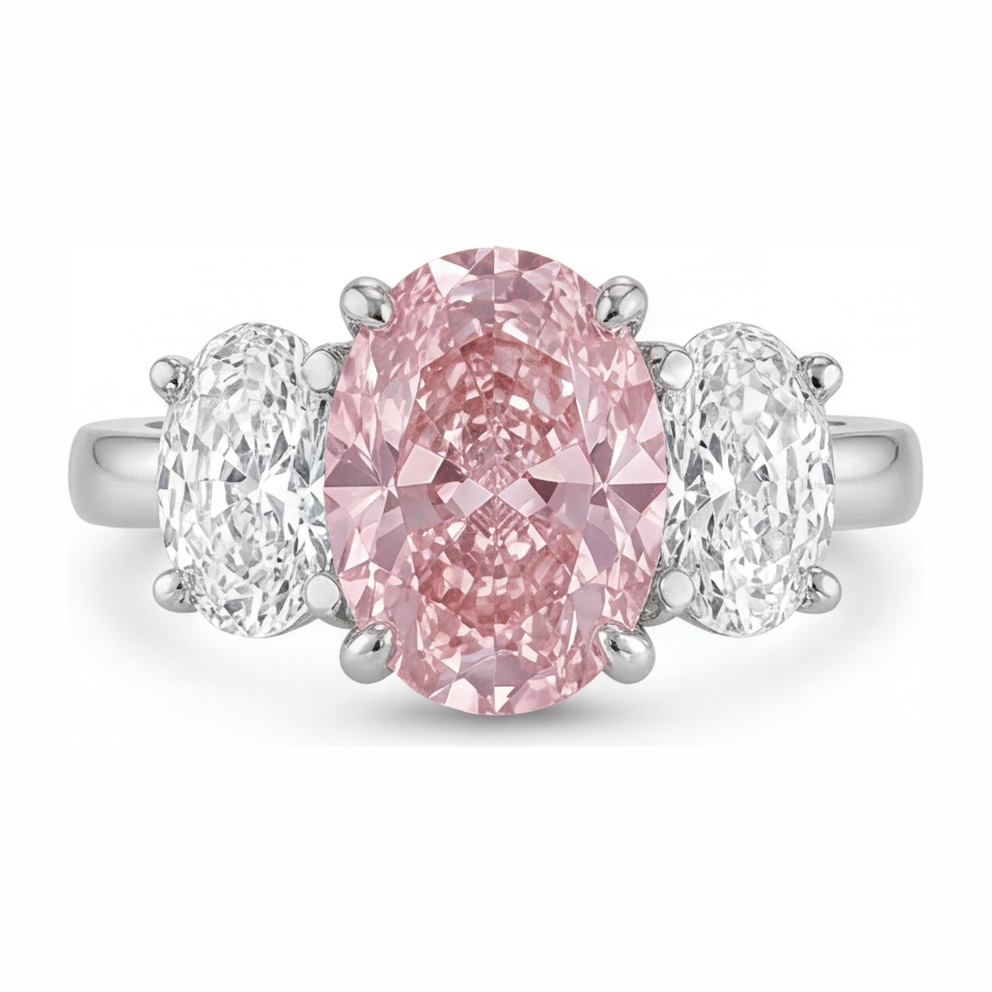 Pink Engagement Ring 2.5 Carat Lab Grown Oval Diamond Three Stone 14K White Gold