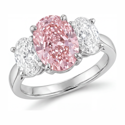 Pink Engagement Ring 2.5 Carat Lab Grown Oval Diamond Three Stone 14K White Gold