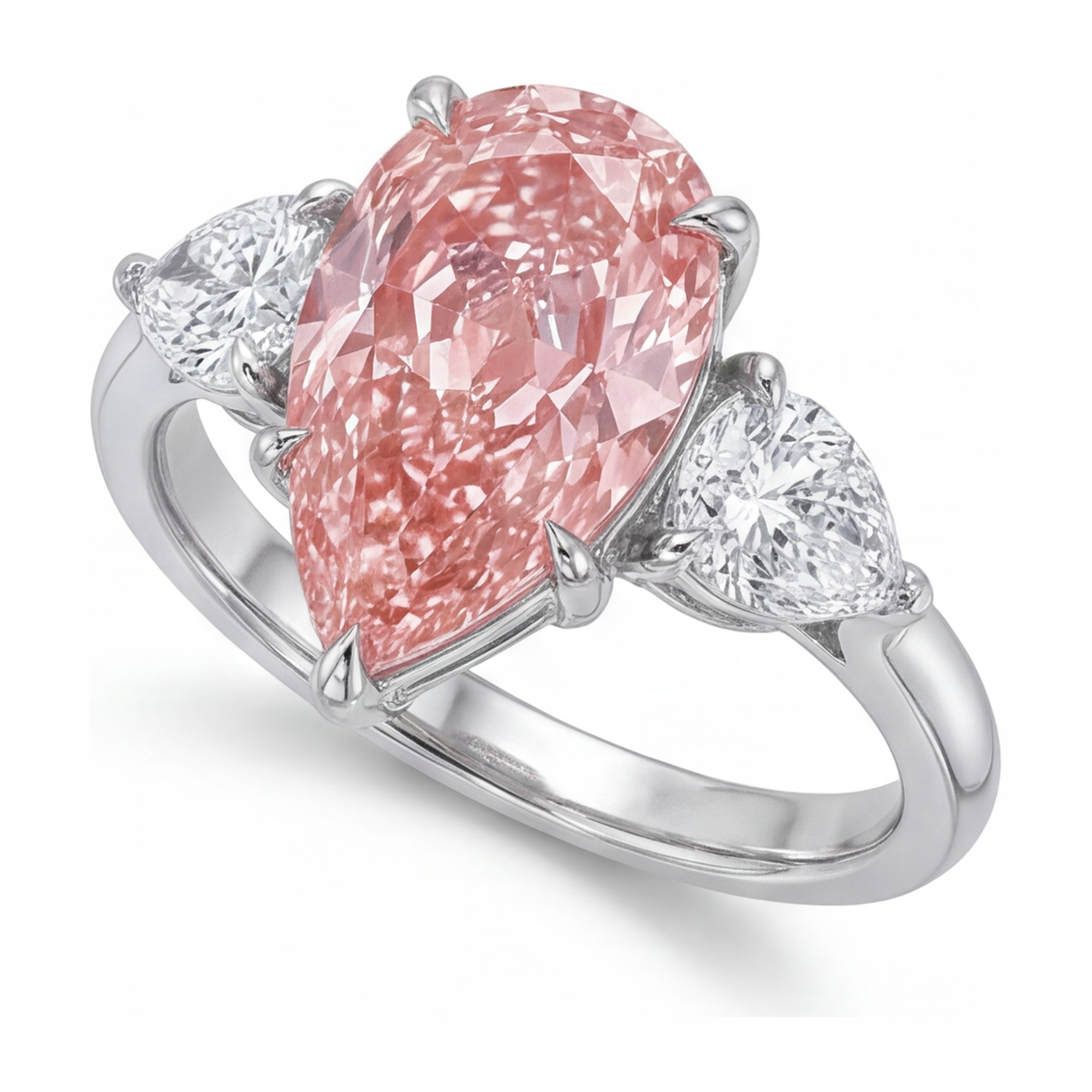 Pink Diamond Gold Ring 2.5 Carat Lab Grown Pear Three Stone 14K White