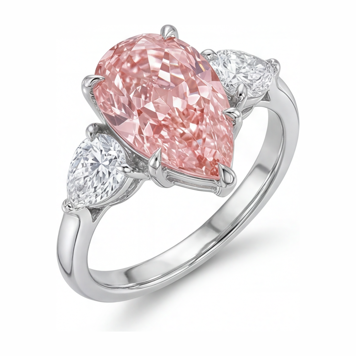 Pink Diamond Gold Ring 2.5 Carat Lab Grown Pear Three Stone 14K White