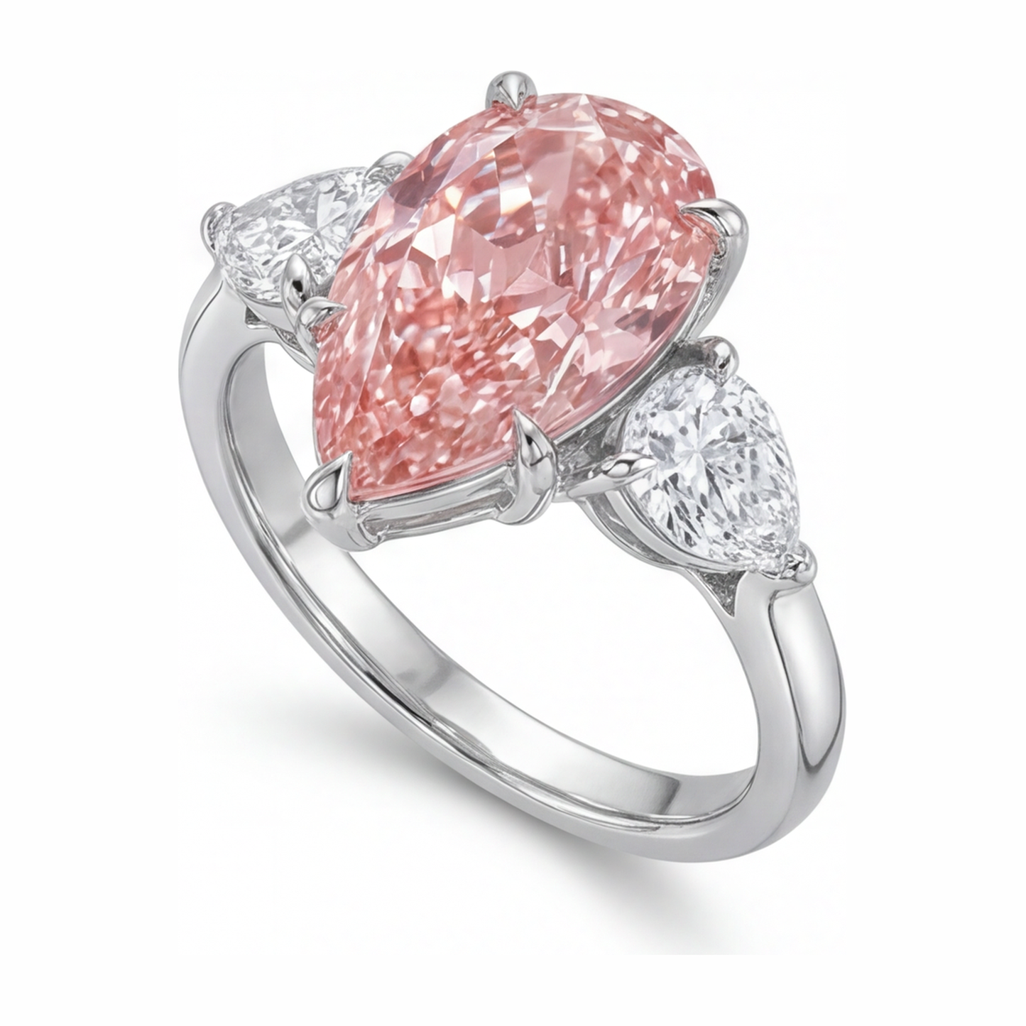 Pink Diamond Gold Ring 2.5 Carat Lab Grown Pear Three Stone 14K White