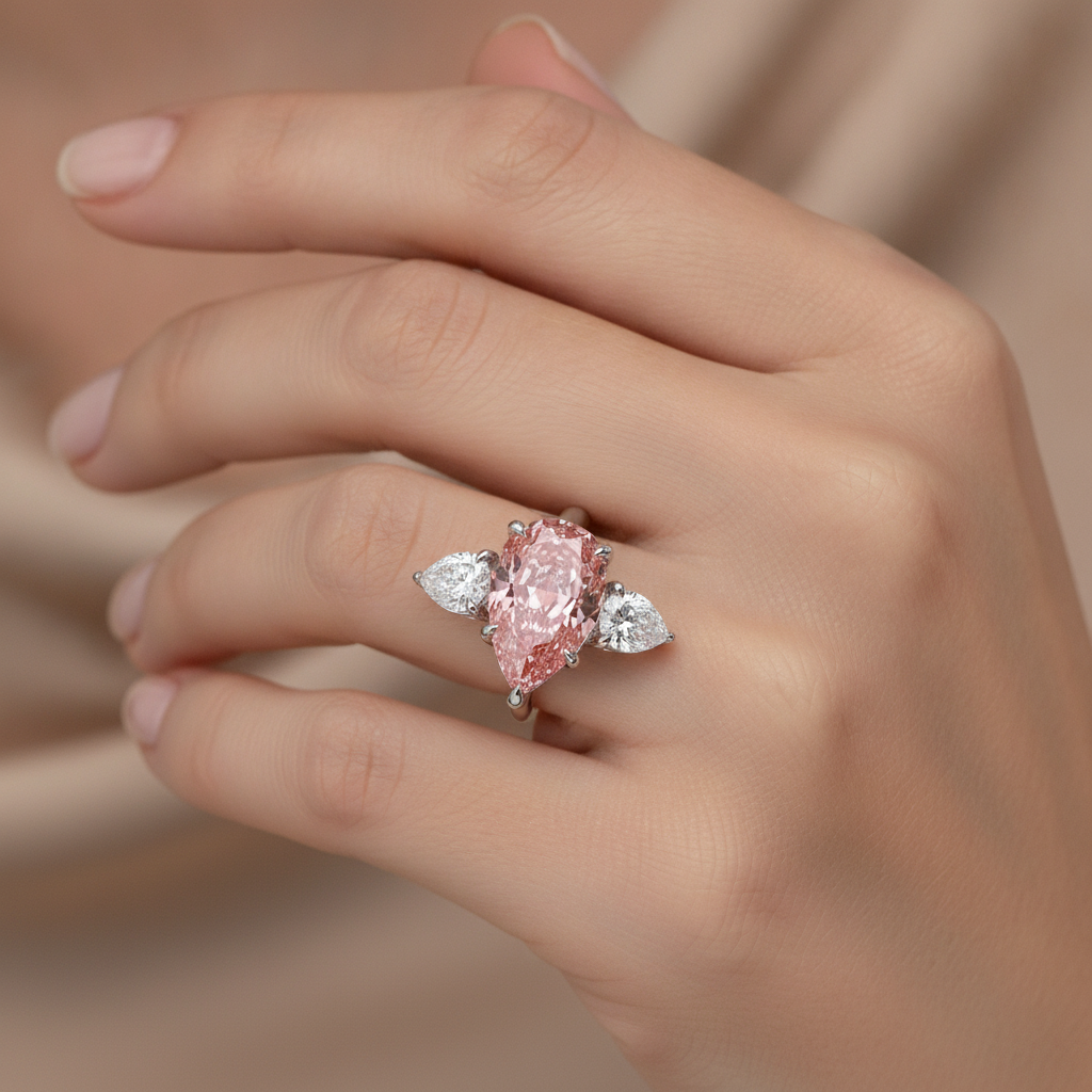 Pink Diamond Gold Ring 2.5 Carat Lab Grown Pear Three Stone 14K White