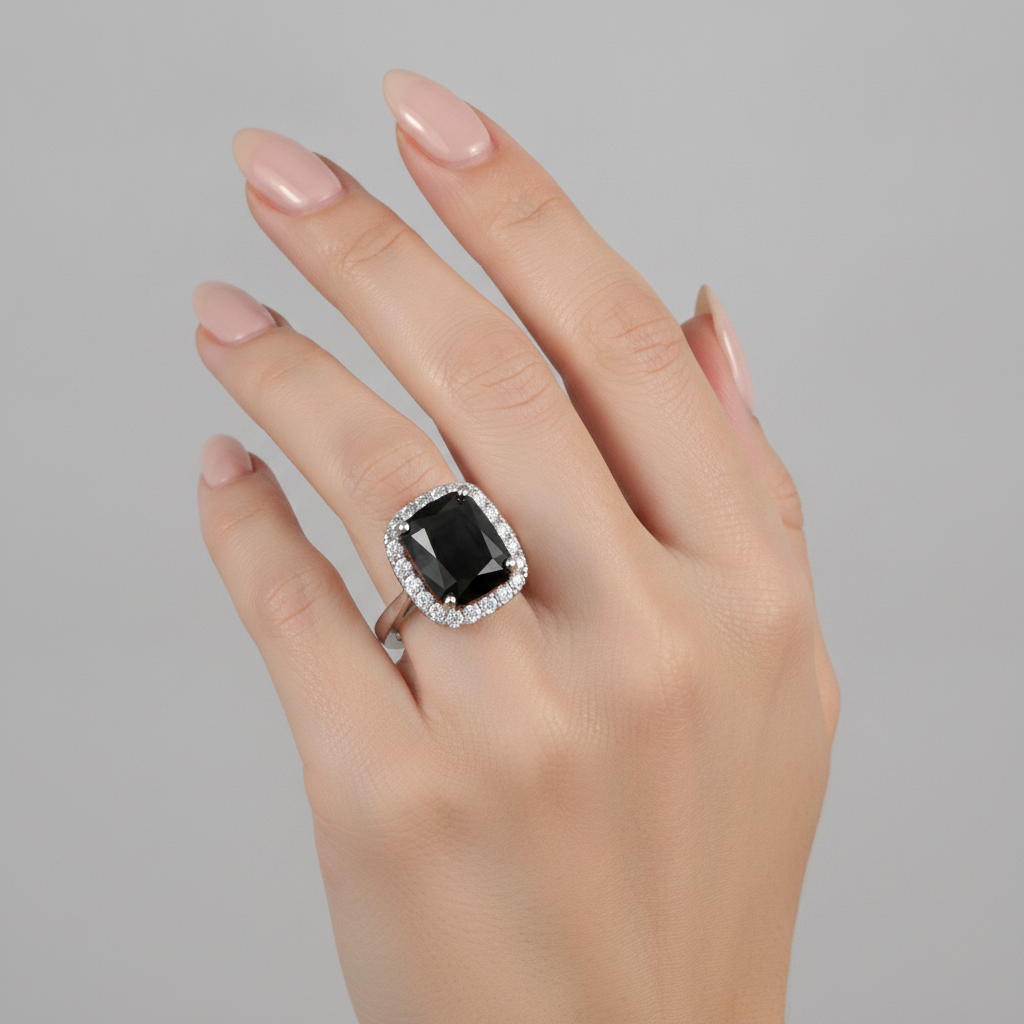 Black Engagement Ring 10 Carat Genuine Radiant Diamond Halo 14K White Gold
