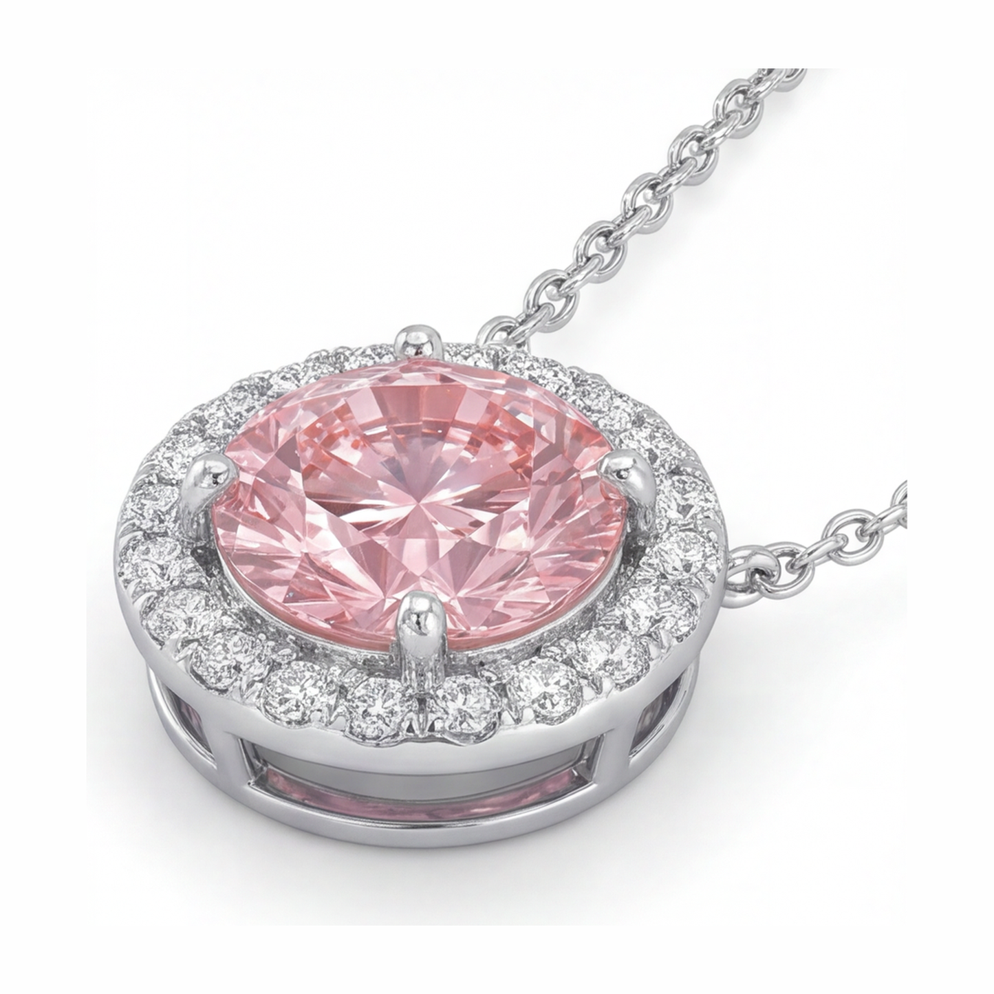 Pink Diamond Necklace 2.5 Carat Lab Grown Round Halo Pendant 14K White Gold