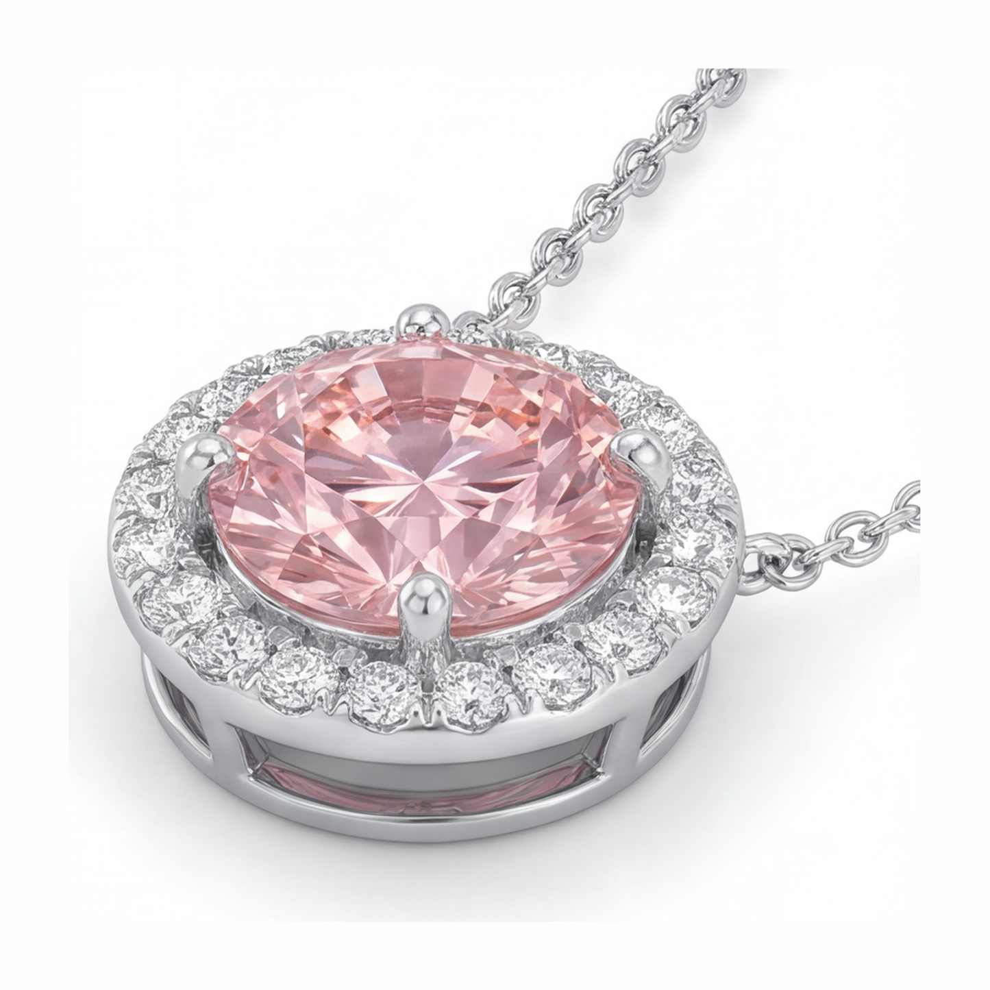 Pink Diamond Necklace 2.5 Carat Lab Grown Round Halo Pendant 14K White Gold