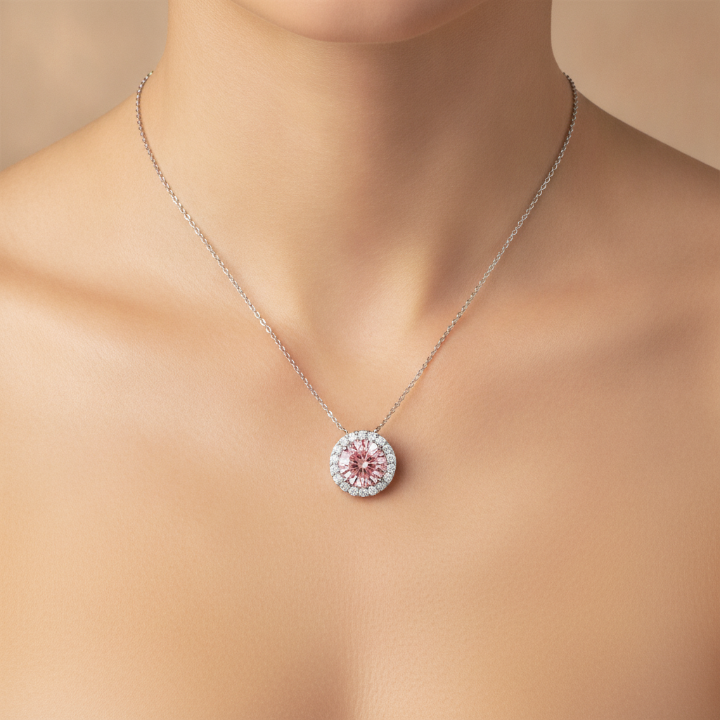 Pink Diamond Necklace 2.5 Carat Lab Grown Round Halo Pendant 14K White Gold