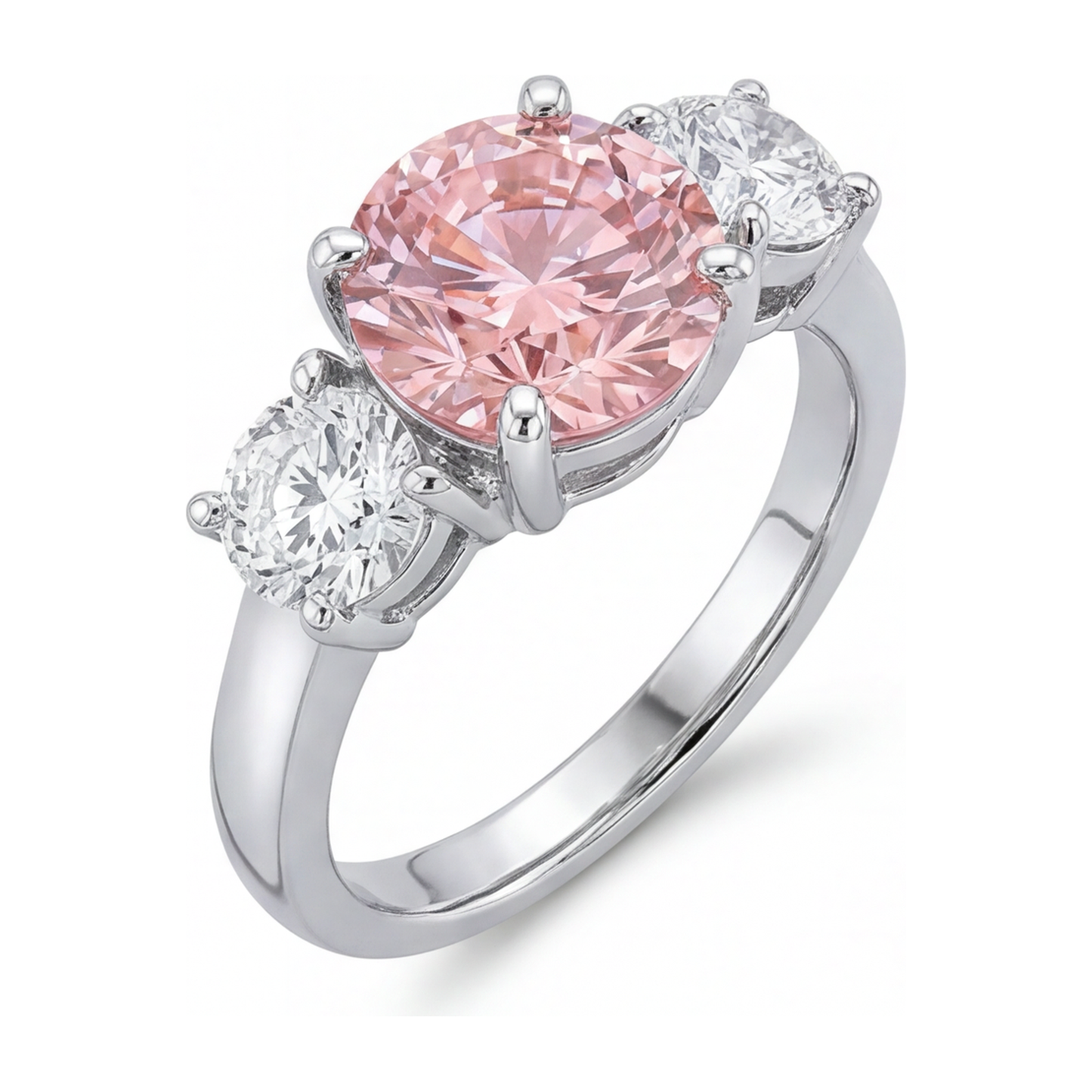 Pink Diamond Engagement Ring 2.5 Carat Lab Grown Round Three Stone 14K White Gold
