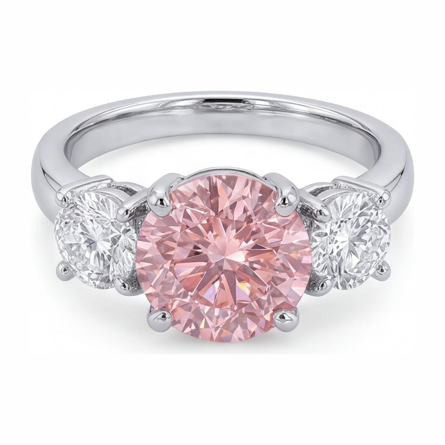 Pink Diamond Engagement Ring 2.5 Carat Lab Grown Round Three Stone 14K White Gold