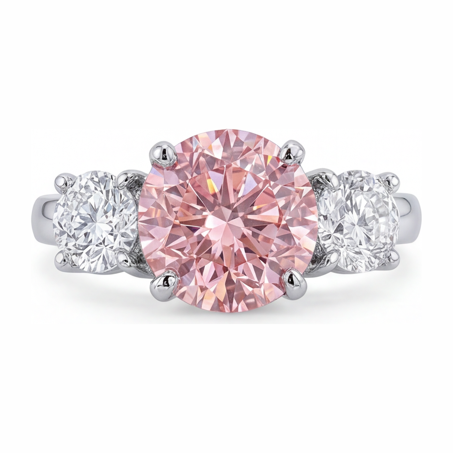 Pink Diamond Engagement Ring 2.5 Carat Lab Grown Round Three Stone 14K White Gold