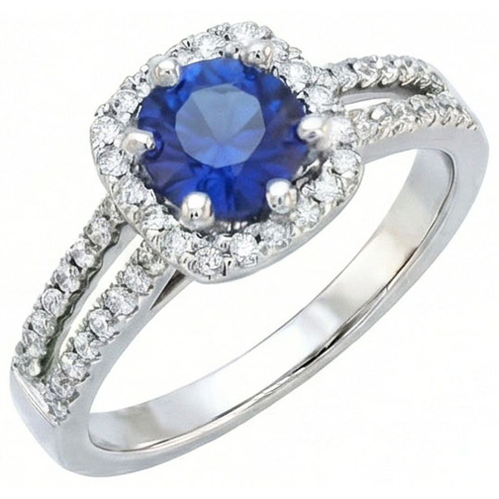 2.50 Carats Blue Sapphire And White Round Natural Earth Mined Diamond ( Not Lab Grown )  Ring White Gold
