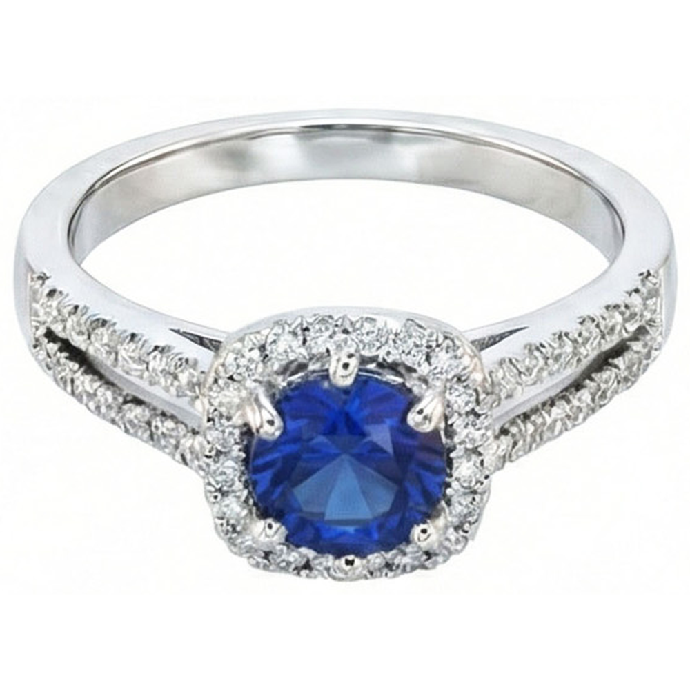 2.50 Carats Blue Sapphire And White Round Natural Earth Mined Diamond ( Not Lab Grown )  Ring White Gold