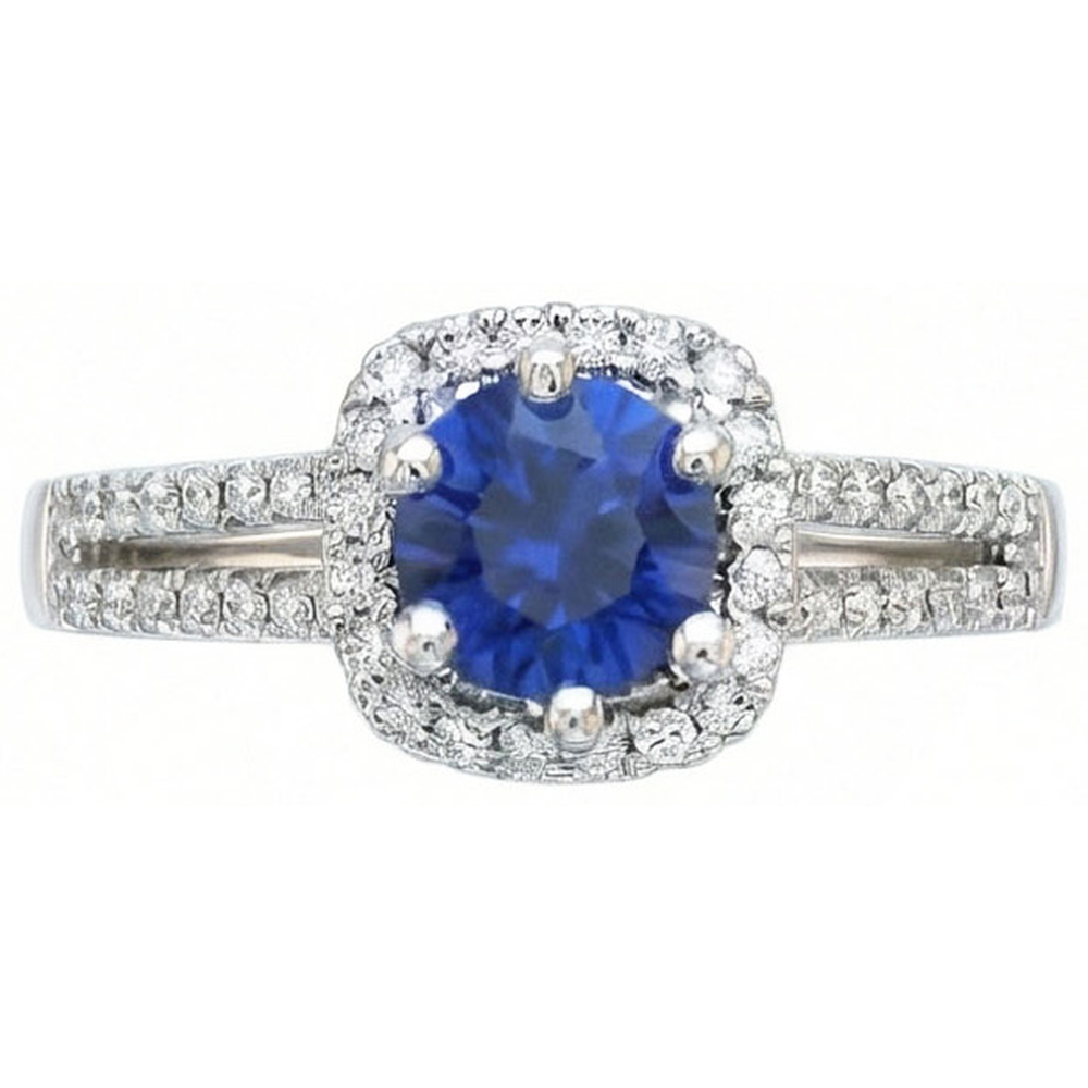 2.50 Carats Blue Sapphire And White Round Natural Earth Mined Diamond ( Not Lab Grown )  Ring White Gold