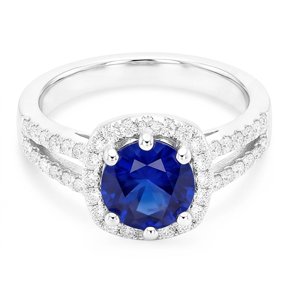 2.50 Carats Blue Sapphire And White Round Natural Earth Mined Diamond ( Not Lab Grown )  Ring White Gold