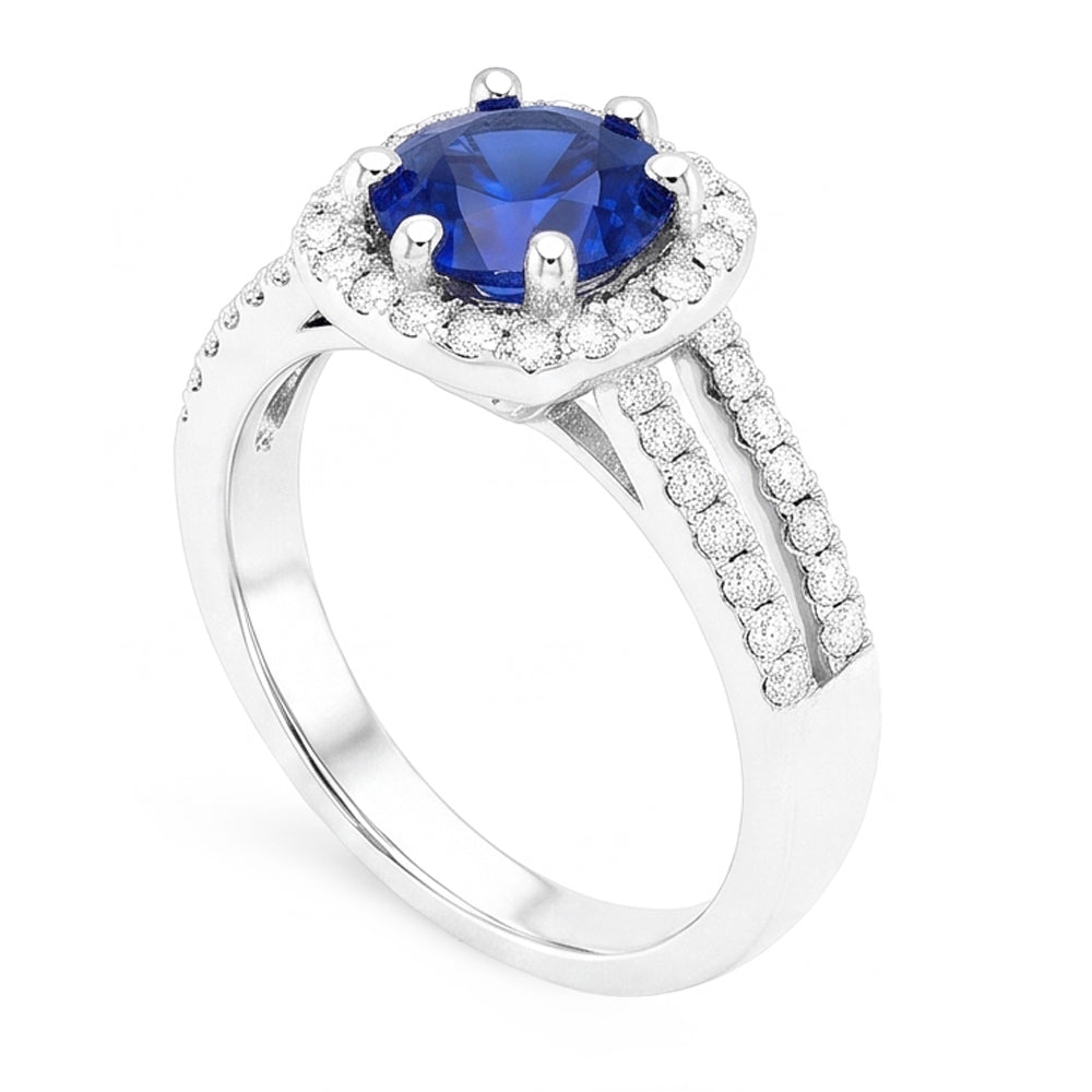 2.50 Carats Blue Sapphire And White Round Natural Earth Mined Diamond ( Not Lab Grown )  Ring White Gold