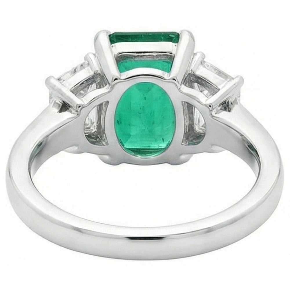 2.50 Carats Green Emerald And Natural Earth Mined Diamond ( Not Lab Grown )  3 Stone Ring White Gold 14K