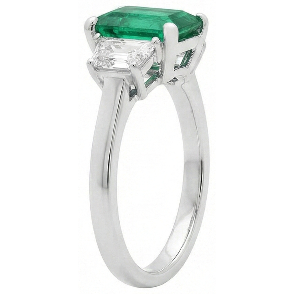 2.50 Carats Green Emerald And Natural Earth Mined Diamond ( Not Lab Grown )  3 Stone Ring White Gold 14K