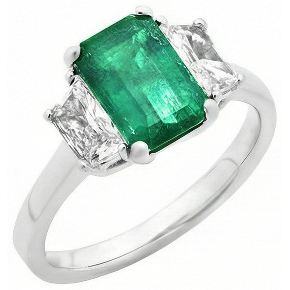 2.50 Carats Green Emerald And Natural Earth Mined Diamond ( Not Lab Grown )  3 Stone Ring White Gold 14K