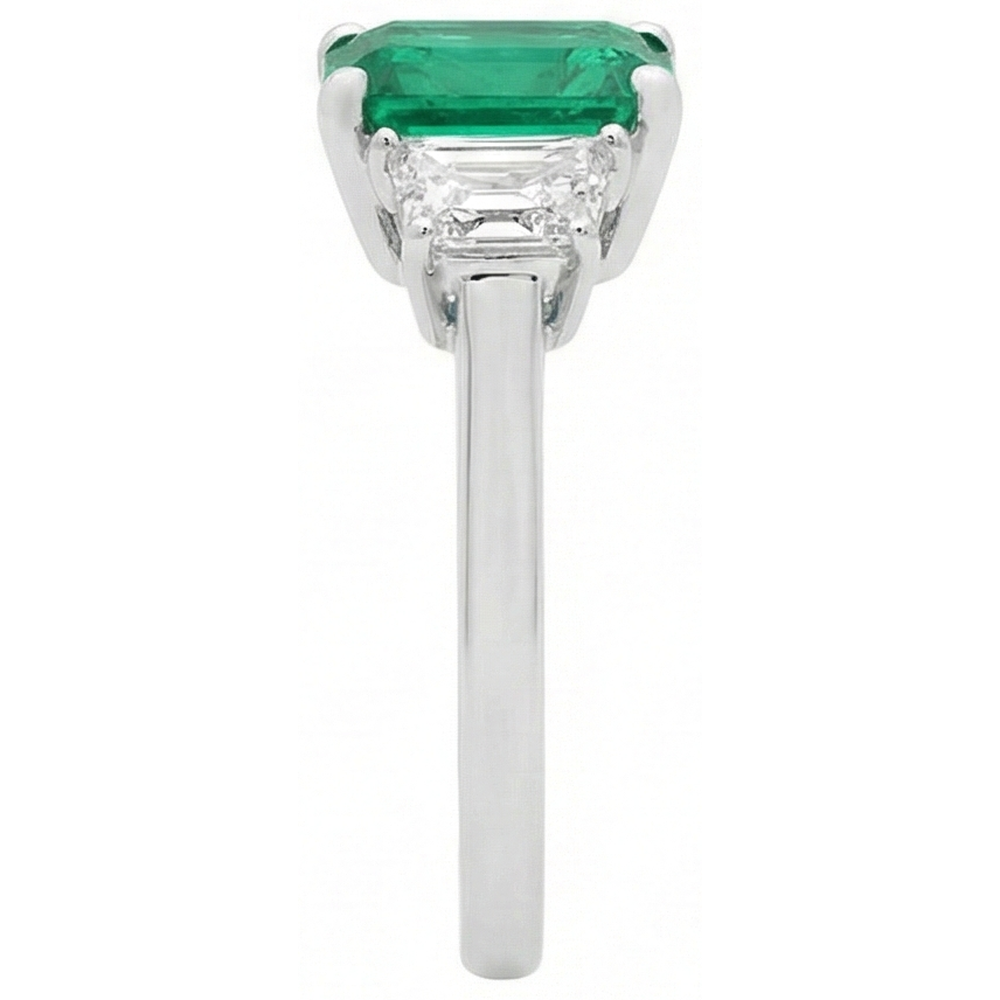 2.50 Carats Green Emerald And Natural Earth Mined Diamond ( Not Lab Grown )  3 Stone Ring White Gold 14K