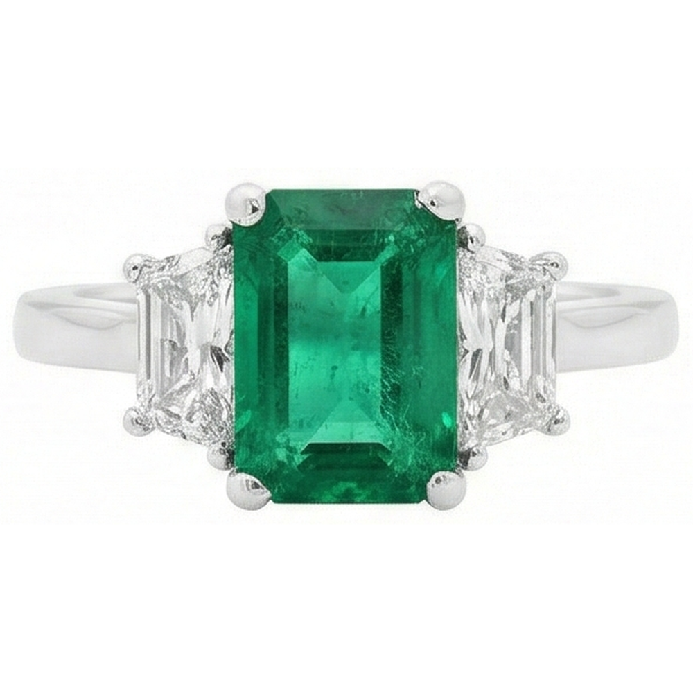 2.50 Carats Green Emerald And Natural Earth Mined Diamond ( Not Lab Grown )  3 Stone Ring White Gold 14K
