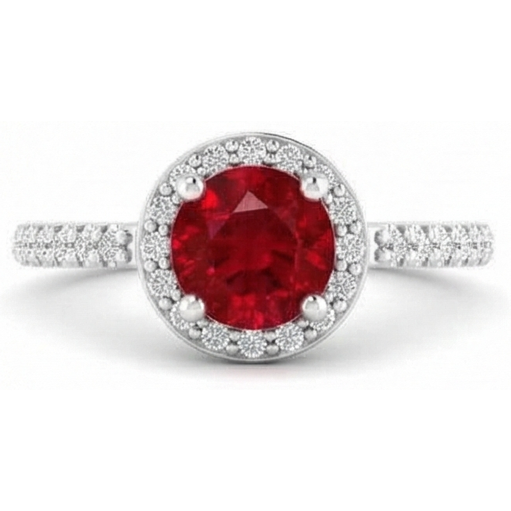 2.50 Carats Ring Round Halo Ruby White Gold 14K