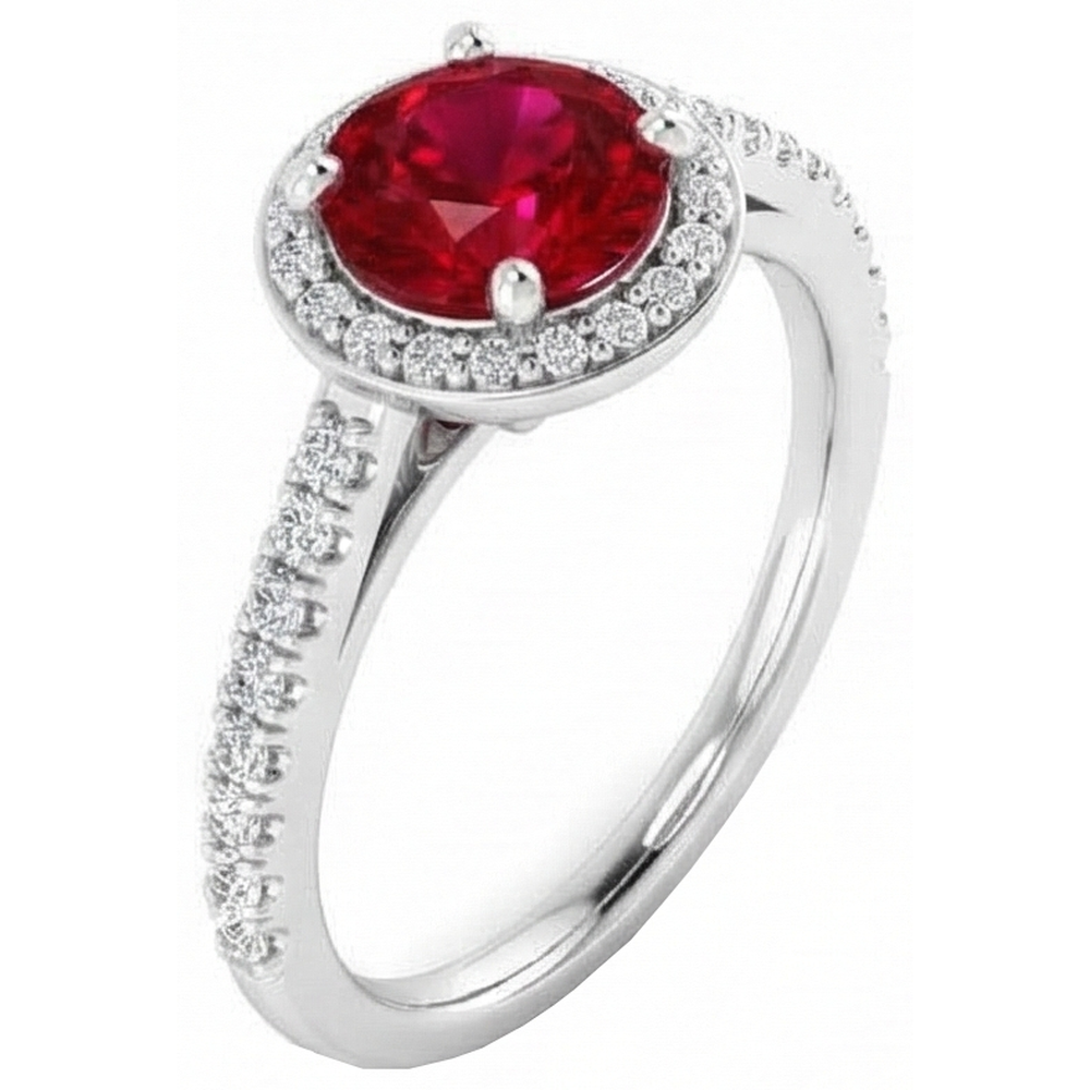 2.50 Carats Ring Round Halo Ruby White Gold 14K