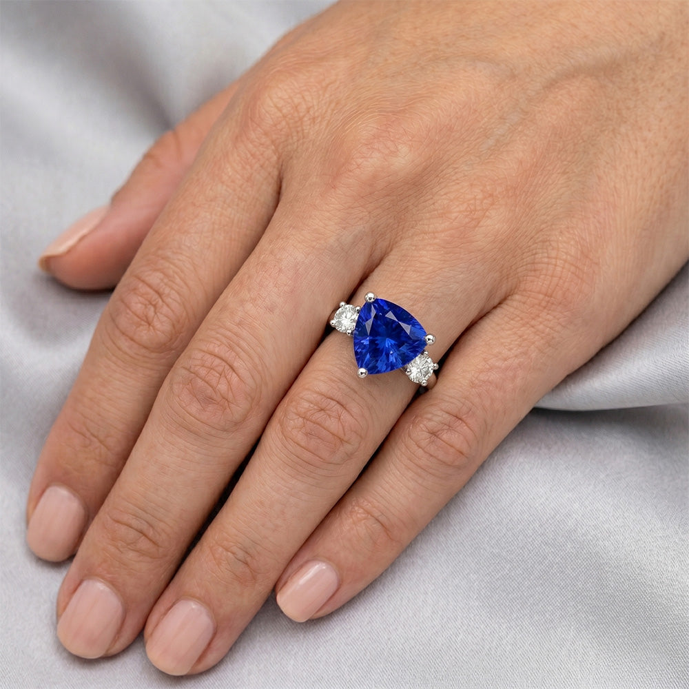 2.50 Ct. Ceylon Blue Sapphire Trillion Natural Earth Mined Diamond ( Not Lab Grown ) s 3-Stone Ring