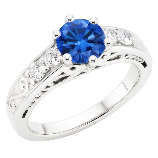 2.60 Carats Round Ceylon Sapphire Natural Earth Mined Diamond ( Not Lab Grown ) s Ring 14K White Gold