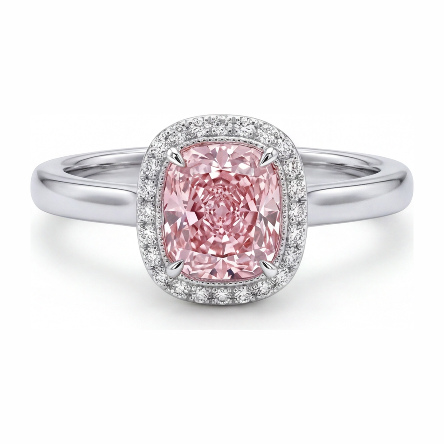 Pink Diamond Ring 2.75 Carat Lab Grown Cushion Halo 14K White Gold