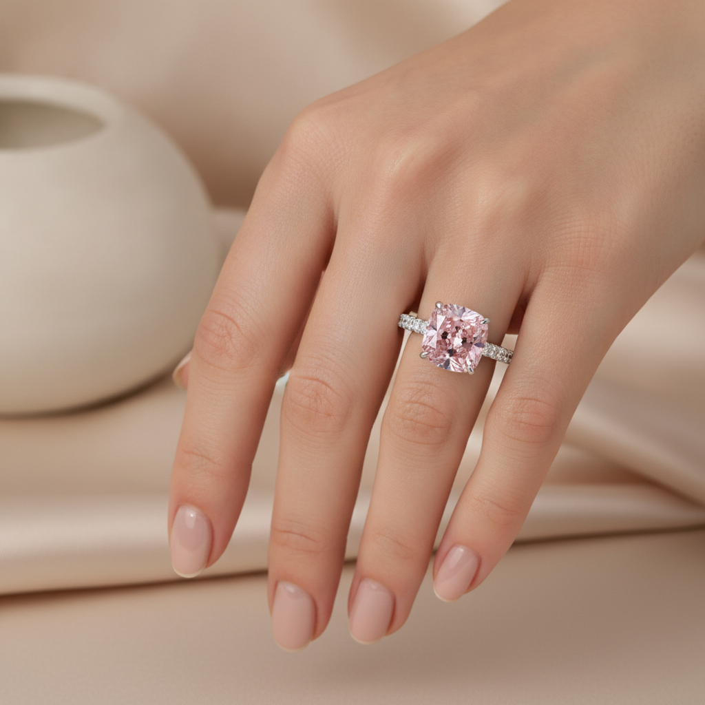Pink Diamond Ring 2.75 Carat Lab Grown Cushion Pave 14K White Gold