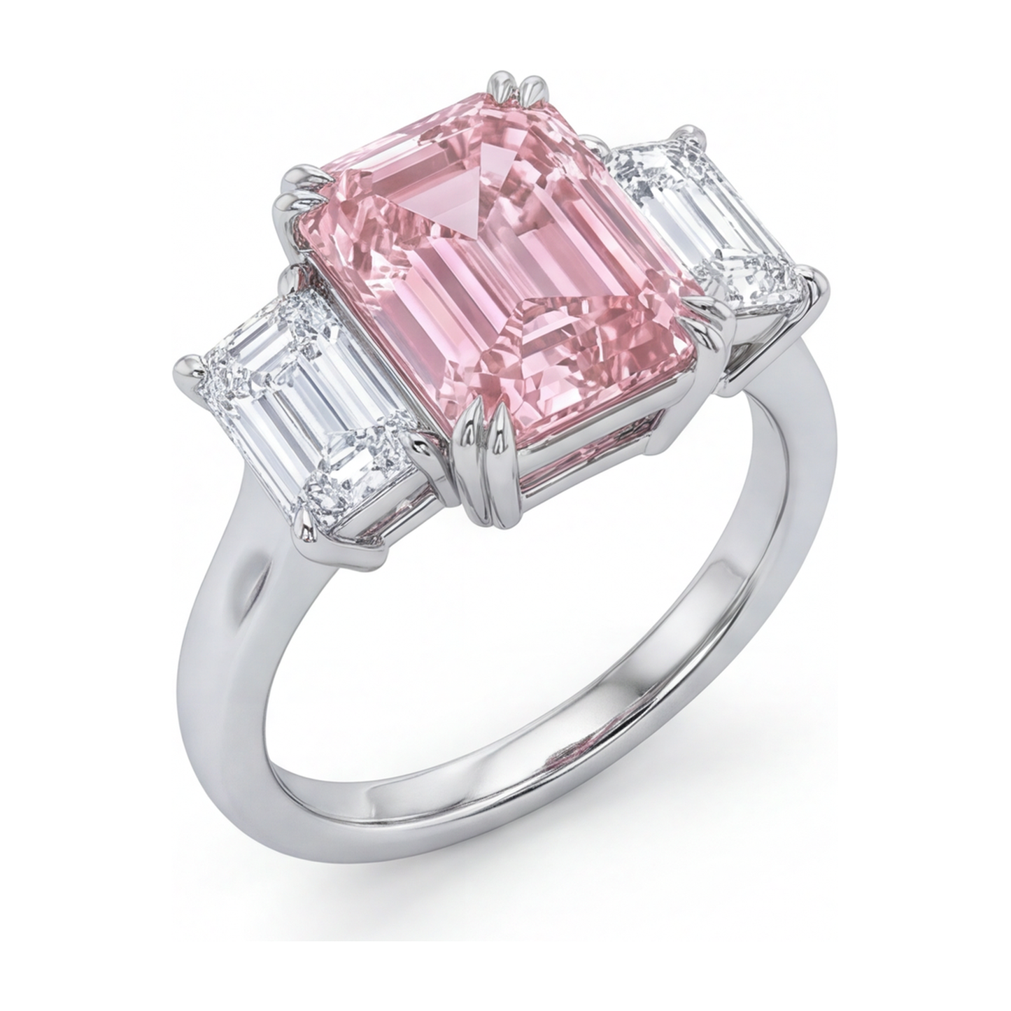 Lab Grown Pink Diamond 2.75 Carat Emerald Three Stone Ring 14K White Gold